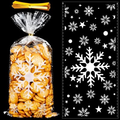 50 Transparante Kerstkoekjeszakken met Sneeuwvlokken, Celofaanzakken voor Snoep en Koekjes, 20 x 10 cm