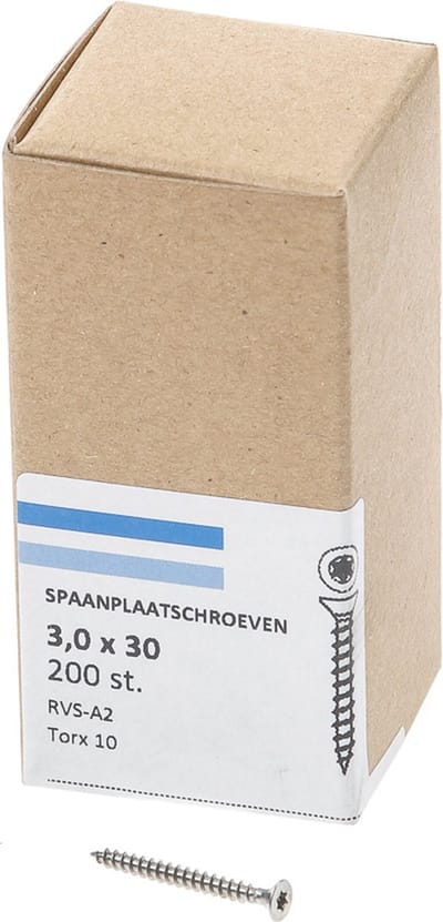 Hoenderdaal Spaanplaatschroef RVS platverzonken kop TX10 voldraad 3.0X30 (per 200 stuks)