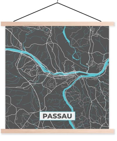 Posterhanger incl. Poster 40x40 cm - Schoolplaat - Kaart – Plattegrond – Stadskaart – Passau – Duitsland – Blauw - Textielposter - Blanke latten - Stadskaart