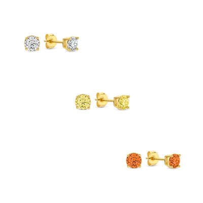 New Bling 9SIL-SET0038 Zilveren Zirkonia Oorknoppen Set 4mm Wit Geel Oranje Earparty - Zilver - Verguld/Goud op Zilver