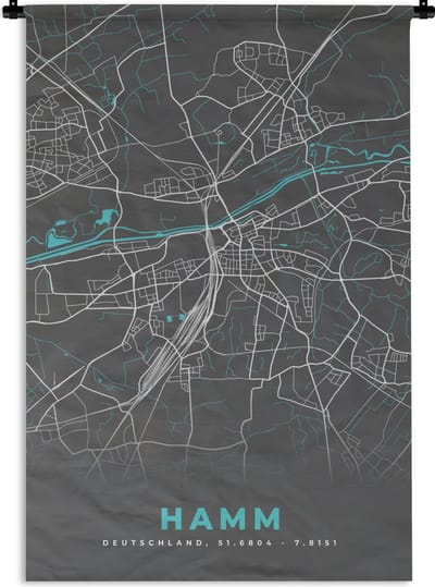 Wandkleed - Wanddoek - Stadskaart – Plattegrond – Duitsland – Blauw – Hamm – Kaart - 120x180 cm - Wandtapijt