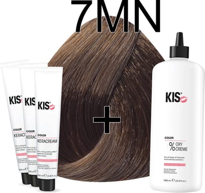 Kis KeraCream Color - 100ml - Haarverf Set - 7MN Mat blond | KIS - (3 x haarverf & 1L waterstofperoxide)