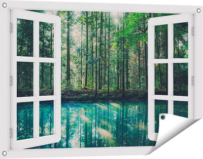 Gards Tuinposter Doorkijk Bos bij een Groen Meer - 90x60 cm - Tuindoek - Tuindecoratie - Wanddecoratie buiten - Tuinschilderij