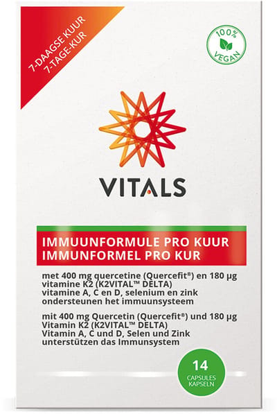 Vitals Immuunformule Pro Kuur - 14 capsules. Met vitamine A, C, D, selenium en zink die het immuunsysteem ondersteunen.