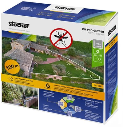 Stocker Pro Geyser Anti-muggenkit Slang. 40 Sproeiers. 40 T-aansluitingen. Aansluitingen. 5 Rechte Aansluitingen. 5 Eindkappen 5l 100 M Transparant