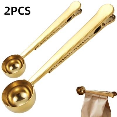 2 stuks-Koffiemaatlepel - 2-in-1 lepel en clip - sluitclip - maatlepel voor melkpoeder - bakgereedschap - geschikt voor het afmeten van koffie, melkpoeder en thee - hersluitbare verpakking - goudkleurig - 17*3,5 cm