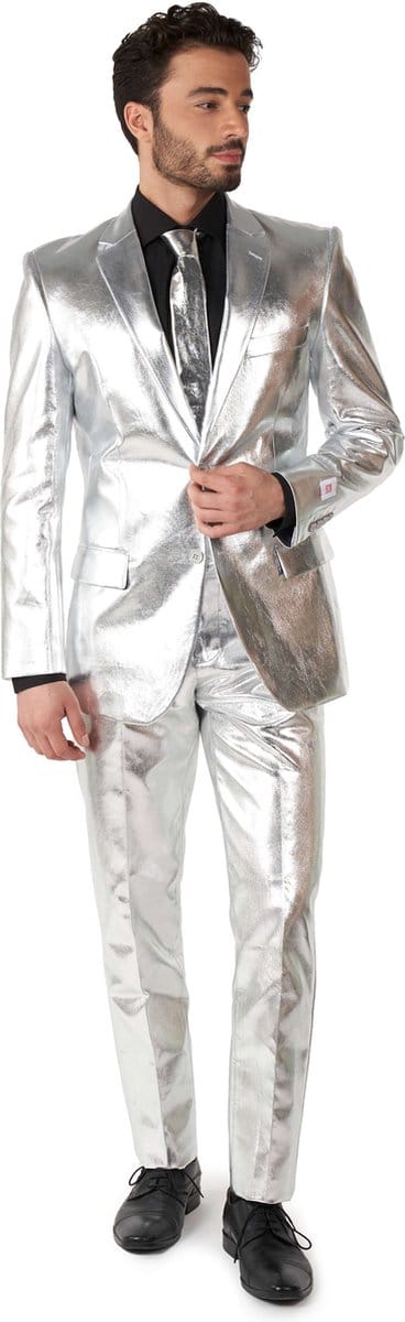 OppoSuits Shiny Silver - Mannen Pak - Zilver - Glimmend Kostuum - Kerst - Oud en Nieuw - Carnavalskleding - Maat: EU 46