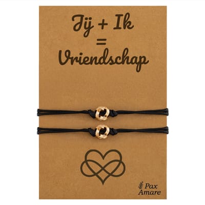Vriendschapsarmbandjes voor 2 "Jij + Ik = Vriendschap" - Knoopjes - BFF Armbandjes met Persoonlijk Cadeau Kaartje - Goudkleurig - Elastisch Verstelbaar - Pax Amare