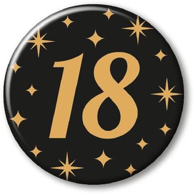 Q2P - 18 Jaar Rozet - Verjaardag Versiering - Zwart & Goud - Feest - Buttons - Rosette