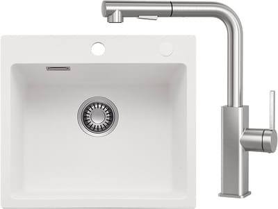 CECIPA max Spoelbak Keuken 40x45CM - Granieten spoelbak Met Keukenkraan - Spoelbak Met Kraangat - Spoelbakken Met Afdruip - Wit