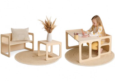 Zonovi Montessori Kindertafel met Stoeltje en Bankje - 2-in-1 Omkeerbaar - Houten Kindermeubelset 1-6 Jaar - Peutertafel - Kinderbureau - Speeltafel - Knutseltafel - Tekentafel - Activiteitentafel - Tafeltje met Stoeltje - Leeshoek - Kinderkamer
