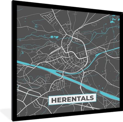 Fotolijst incl. Poster - België – Herentals – Stadskaart – Kaart – Blauw – Plattegrond - 40x40 cm - Posterlijst