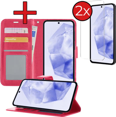 Hoesje - Met 2x Screenprotector - Geschikt voor Samsung Galaxy A35 - Luxe Pasjeshouder - Flip Case - Bookcase Portemonee - Kunstleer Book Case - Flipcase Hoes - Book Cover - Walletcase - Portemonneehoes - Telefoonhoes - Donkerroze