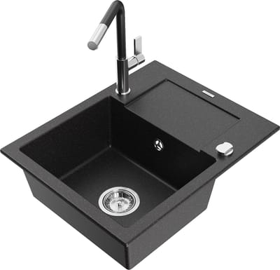 Mexen Enzo granieten gootsteen 1-komorige met afdruiprek en keukenmengkraan Flora, zwart/zilveren metallic - 6506-73-670401-07