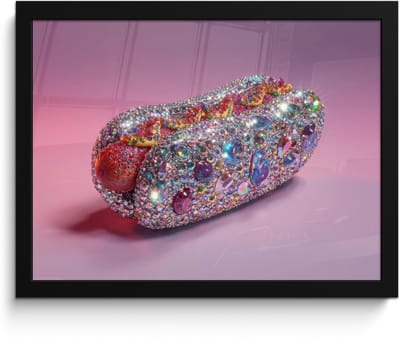 Poster in lijst - Fotolijst 40x30 cm - Posters - Hotdog - Steentjes - Glitters - Paars - Posterlijst zwart - Decoratie - Wanddecoratie woonkamer - Muurdecoratie slaapkamer