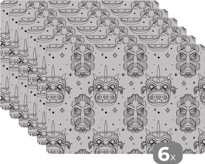 Placemat - Placemats kunststof - Maskers - Inca - Patroon - Zwart-Wit - 45x30 cm - 6 stuks - Hittebestendig - Anti-Slip - Onderlegger - Afneembaar