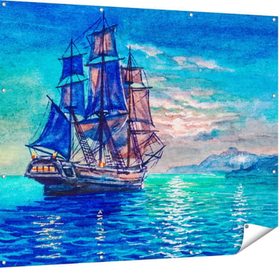 Gards Tuinposter Oude Piratenschip Zeilboot Getekend - 150x120 cm - Tuindoek - Tuindecoratie - Wanddecoratie buiten - Tuinschilderij