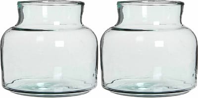 Mica Decorations Melkbus vaas - 2x - laag - transparant - 20 x 21 cm - glas - vazen - bloemenvaas - Boeketvaas - melkbusvaas