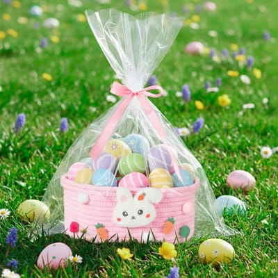 Kleine Geweven Paaskorf met Cadeautassen en Linten, Schattige Konijnenmand voor Feestdecoratie, Katoenen Opbergmand met Handvatten (Roze)