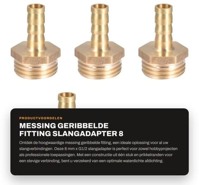 Dailygoods - Messing geribbelde fitting - Slangadapter - 8 mm x G1/2 - 5 stuks - Waterdichte afdichting - Geschikt voor flexibele slangen - Goudkleurig