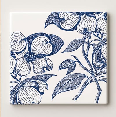 Blauwe Botanische Bloementegel – 15x15cm Keramische Wanddecoratie – Elegante Vintage Bloem Ontwerp voor Keuken, Badkamer & Woondecoratie