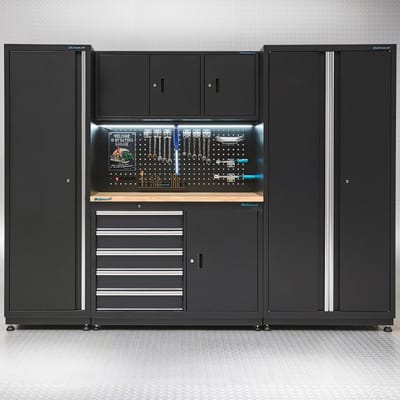 Datona® Werkbank 120 cm met gereedschapskast, smalle werkplaatskast en brede opbergkast - Zwart