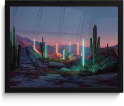 Poster in lijst - Fotolijst 40x30 cm - Posters - Cactus - Lichtzuilen - Zonsondergang - Posterlijst zwart - Decoratie - Wanddecoratie woonkamer - Muurdecoratie slaapkamer