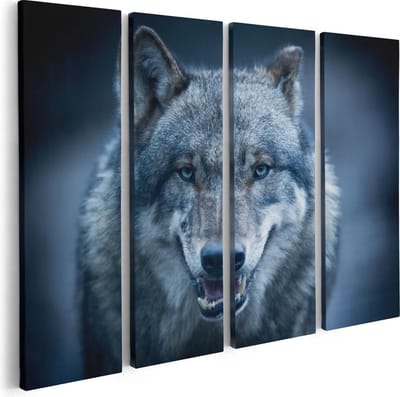 Artaza Canvas Schilderij Vierluik Wolvenkop Met Blauwe Ogen - Wolf - 80x60 - Foto Op Canvas - Canvas Print