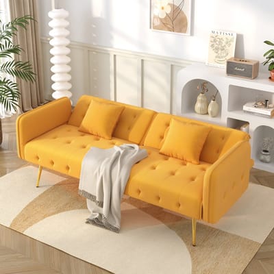 OKWISH Slaapbank - 2-Zits Met Verstelbare Rugleuningen En Armleuningen - Omvormbaar Tot 215x81,5 cm Slaapoppervlak - Fluweel - Geel