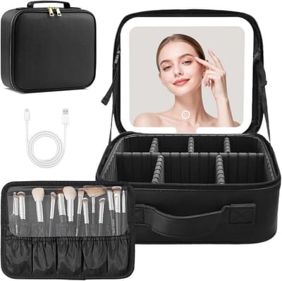 Make-up tas met LED-verlicht spiegel, verstelbare helderheid in 3 kleuren, reiscosmeticatas, opbergzak voor vrouwen met vakken en kwastenhouder, zwart, minimalistisch en stijlvol