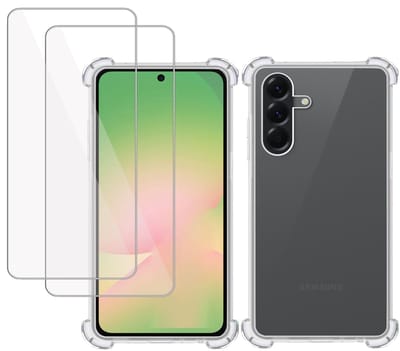 TechNow Hoesje + 2x Screenprotector geschikt voor Samsung A56 / A36 – Tempered Glass - Extreme Shock Case Transparant