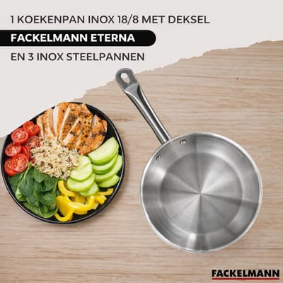 Set 1 pan 28 cm roestvrij staal en 1 glazen deksel, 3 roestvrijstalen kookpotten 16, 20 en 24 cm Fackelmann Eterna