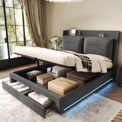 OKWISH Gestoffeerd Bed 140x190 cm – Tweepersoonsbed Met LED Verlichting – Hydraulisch Opbergbed Met Lades – Fluweel – Grijs