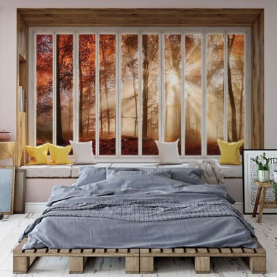 Fotobehang - Vlies Behang - 3D - Uitzicht op de Het Herfstbos met Zonsondergang vanuit het Raam - 416 x 290 cm