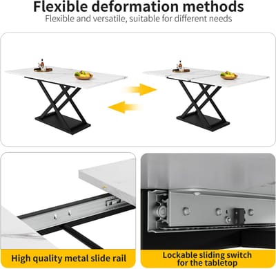 Telescopische eettafel (120-160 x 80 cm), uitschuifbare eettafel, ruimtebesparende keukentafel, zwarte gekruiste ijzeren poten, voor keuken en woonkamer, witte marmeren eettafel