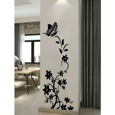 Creatieve Zwarte Vlinder Bloemenrank Zelfklevende Koelkast Muursticker Voor Woonkamer Slaapkamer Huisdecoratie, Stickers, Muursticker, Vinyl Sticker 70x25cm zwart