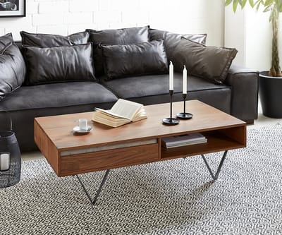 Salontafel Stonegrace acacia bruin Leisteen 115x60 cm 2 laden 1 legplank V-poot zwart Salontafel
