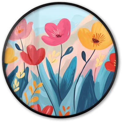 Poster in lijst Rond - Fotolijst 60x60 cm - Posters - Illustratie - Bloemen - Kleurrijk - Ronde posterlijst zwart - Decoratie - Wanddecoratie woonkamer - Muurdecoratie slaapkamer