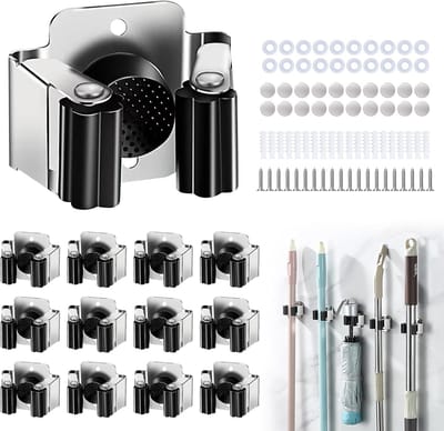 Famanu – Bezemhouder set van 12 – RVS wandclips voor meerdere stelen, ideaal voor voorraadkast of schuur, antislip grip – Voor keuken, badkamer, garage en tuin