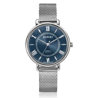 ZINZI Twenty horloge met oceaan blauwe wijzerplaat, stalen kast 34mm en stalen meshband ZIW2053