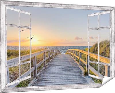 Gards Tuinposter Doorkijk Voetpad met Zee en Vogels - 180x120 cm - Tuindoek - Tuindecoratie - Wanddecoratie buiten - Tuinschilderij