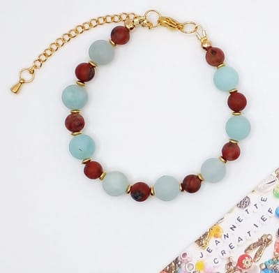 Jeannette-Creatief® - Natuursteen - Kwarts Turquoise Green & Jaspis Breccie Frosted - Natuursteen Armband - Natuursteen - Dames Armband - Kralen Armband - Armband met Kralen - DQ metaal gouden kralen - RVS Karabijnsluiting