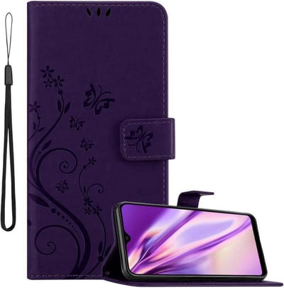 Cadorabo Hoesje geschikt voor Samsung Galaxy A10 / M10 in BLOEMEN DONKER PAARS - Beschermhoes in bloemmotief met magnetische sluiting, standfunctie en kaartsleuven Book Case Cover Etui