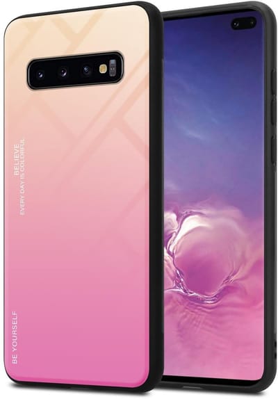 Cadorabo Hoesje geschikt voor Samsung Galaxy S10 PLUS in GEEL - ROZE - Tweekleurige beschermhoes van TPU-silicone Case Cover en achterzijde van gehard glas