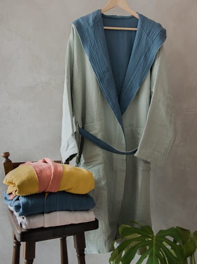 4 laagse Turkse Katoen Mousseline Badjas - Blauw&Saliegroen