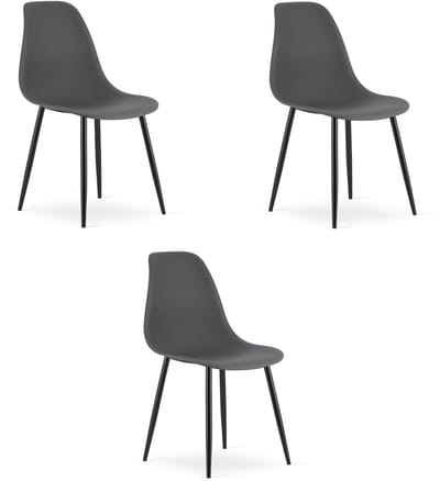 Set van 3 Stoelen WAT – Donkergrijs, Zwarte Metalen Poten, Kunststof Zitting – Modern en Ergonomisch – Geschikt voor Eetkamer, Woonkamer, Keuken, Thuiswerkplek, Kantine en Wachtruimte – Eenvoudige Montage