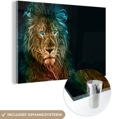 MuchoWow® Glasschilderij 150x100 cm - Schilderij acrylglas - Leeuw - Vlammen - Blauw - Foto op glas - Schilderijen