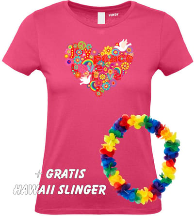 Dames T-shirt Love Peace Hart | Love for all | Gay Pride | Regenboog LHBTI | Fuchsia dames | maat XS