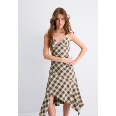 Stradivarius Asymmetrische midijurk met ruitjes  Beige XS