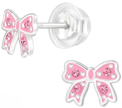 Joy|S - Zilveren strikje oorbellen - massief - zilver roze met kristal - 7.9 x 6 mm - kinderoorbellen - extra zacht sluiting (vlindersluiting met siliconen omhulsel)